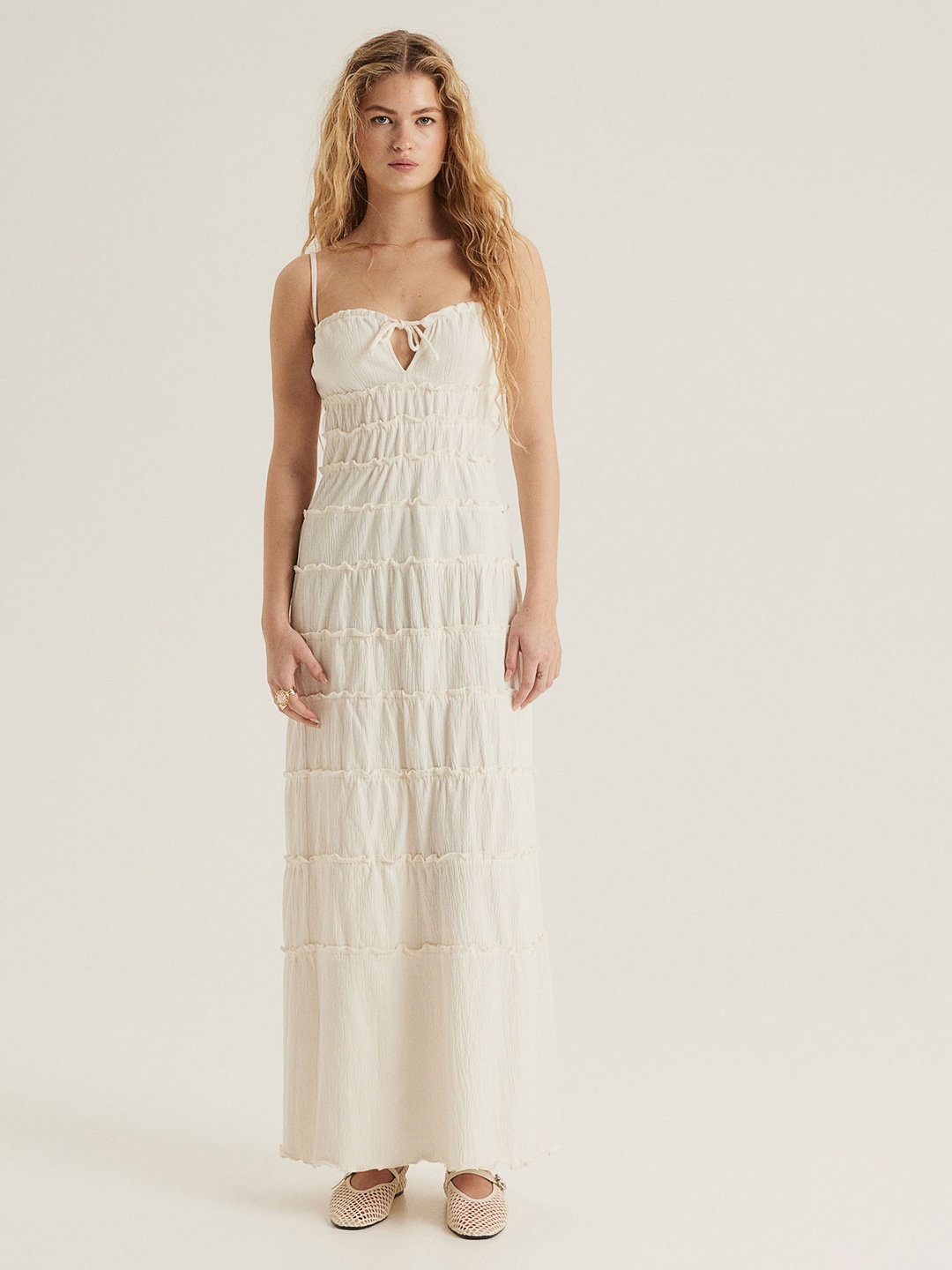 H&M Frill-Trimmed Sweetheart Neck Maxi Dress, White