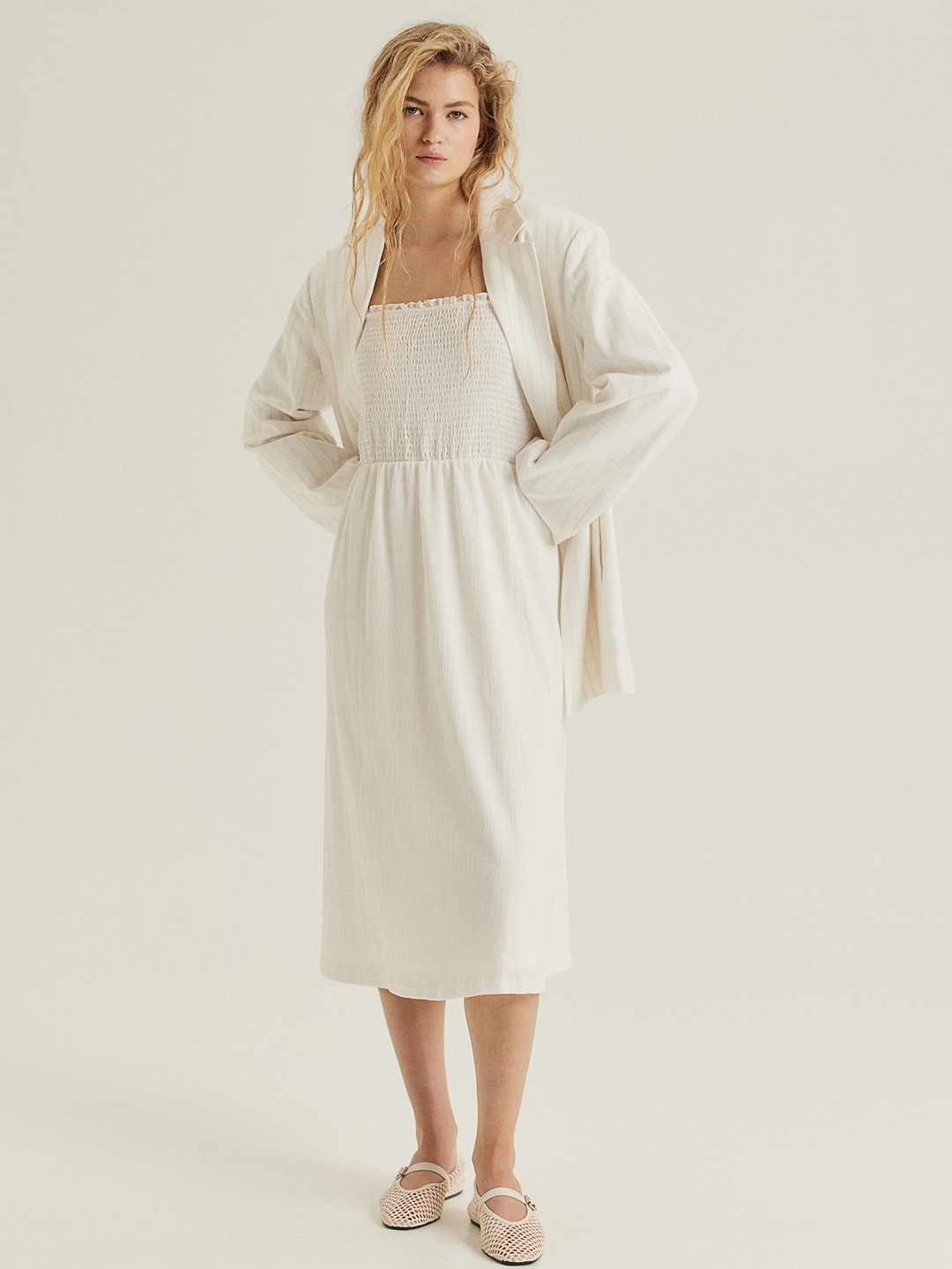 

H&M Women Tie-Strap Smocked Dress, White
