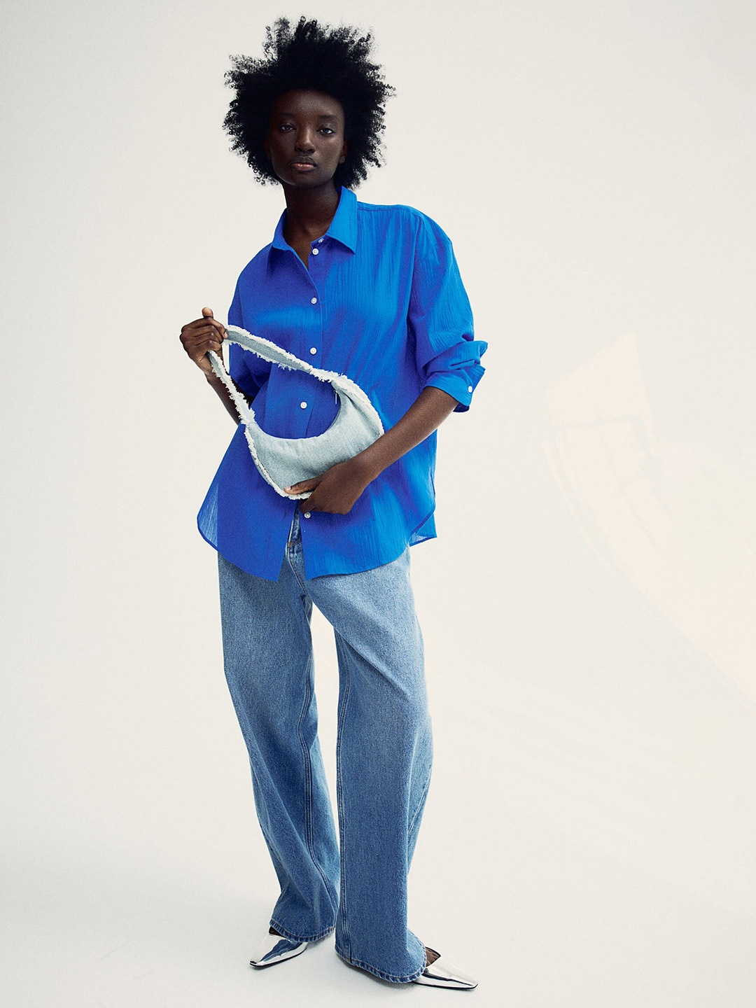 

H&M Crinkled Cotton Shirt, Blue