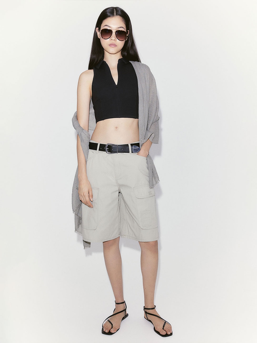 

H&M Collared Zip-Front Vest Top, Black