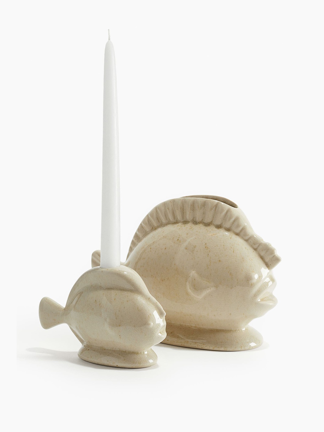 H&M Fish-Shaped Stoneware Candlestick, Beige
