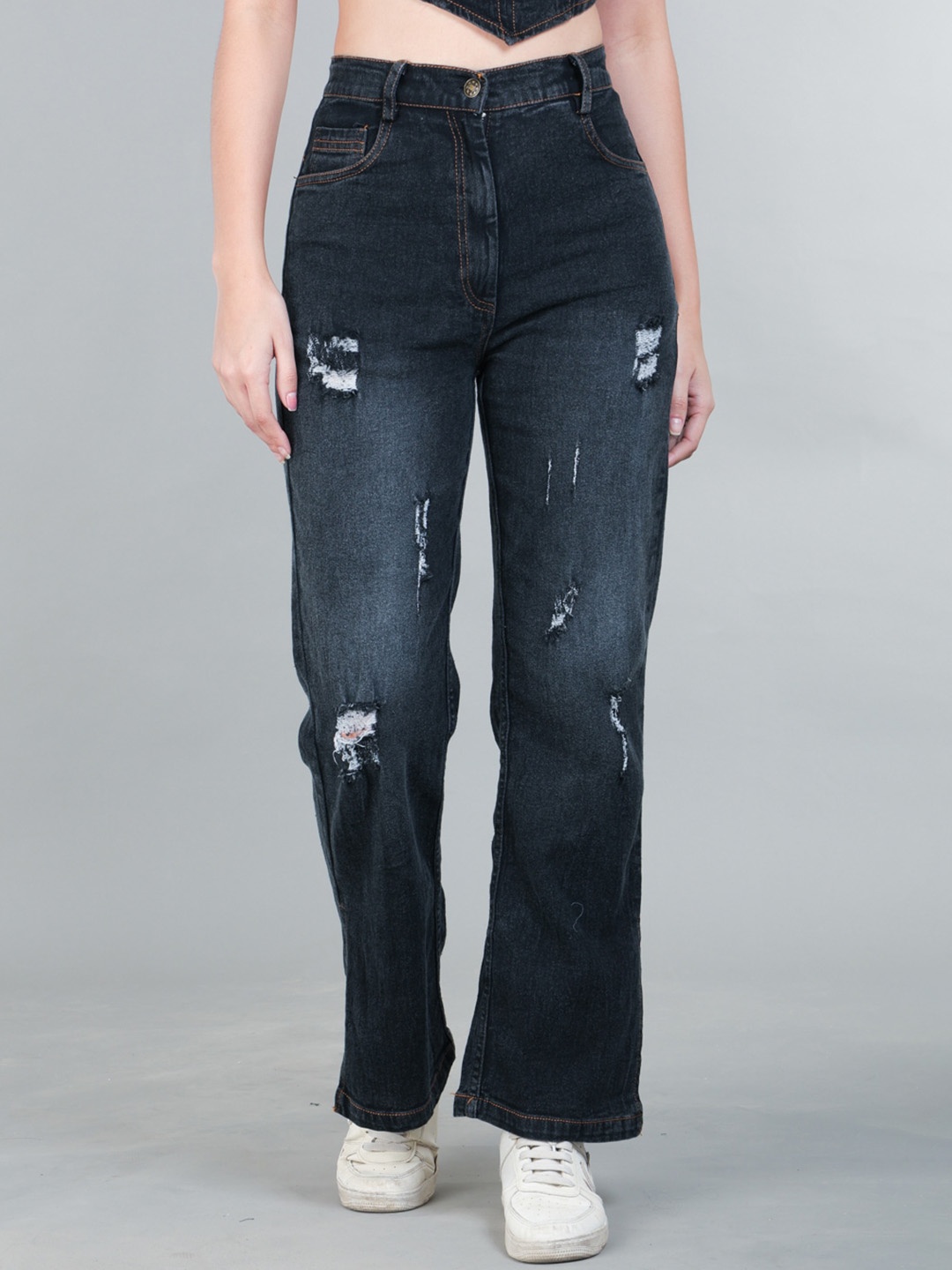 

The Roadster Lifestyle Co. Black Women Flared-Fit High Rise Mildly Distressed Cotton Jeans