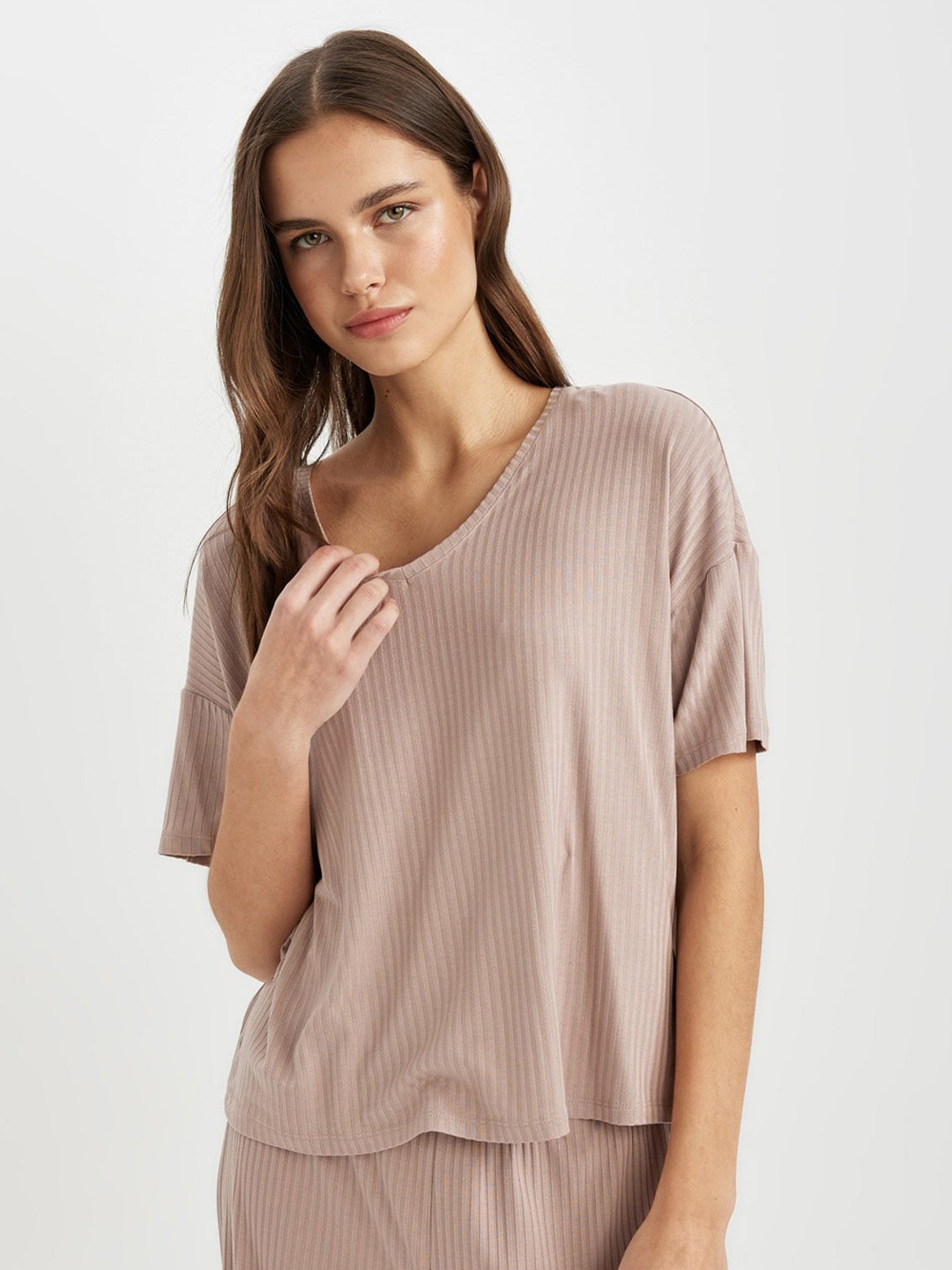 

DeFacto Vertical Striped V-Neck Top, Brown