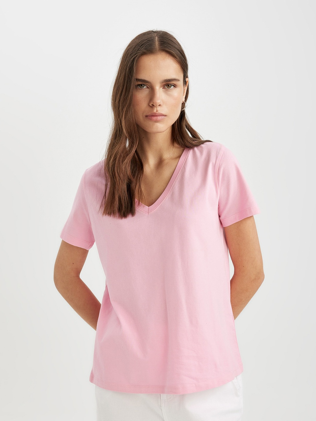 DeFacto V-Neck Short Sleeves Cotton T-shirt, Pink