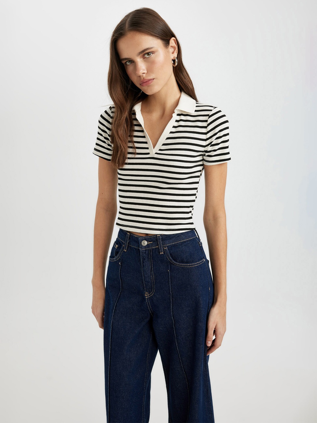 

DeFacto Striped Polo Collar T-shirt, Beige