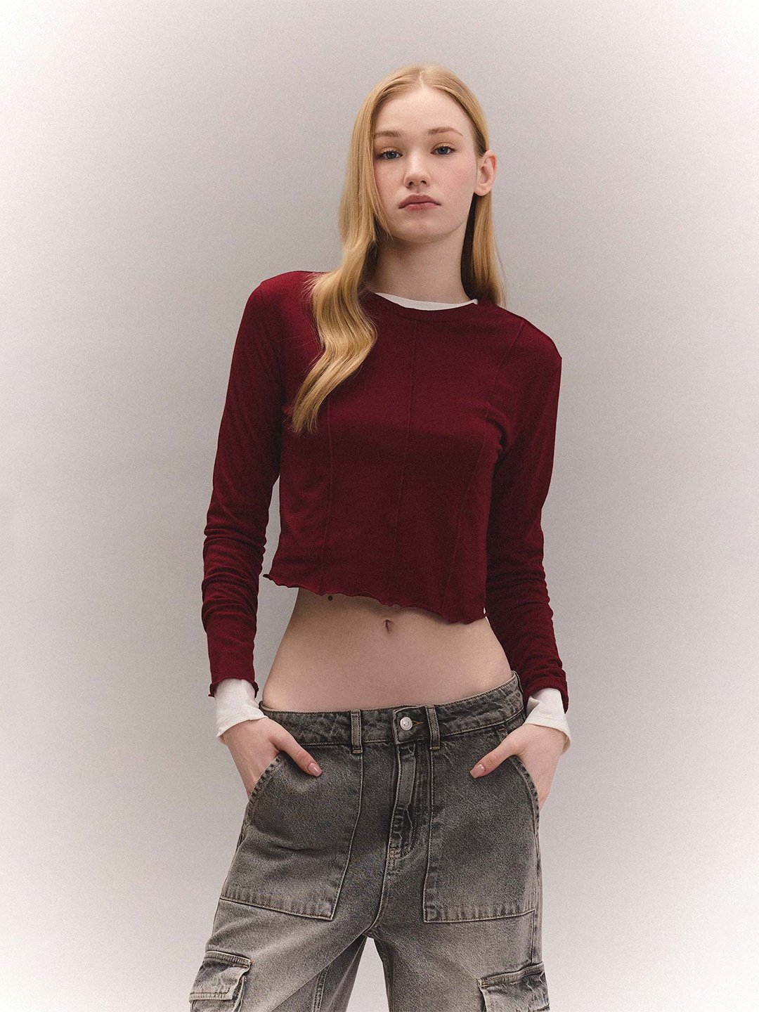 

DeFacto Round Neck Fitted Crop Top, Maroon