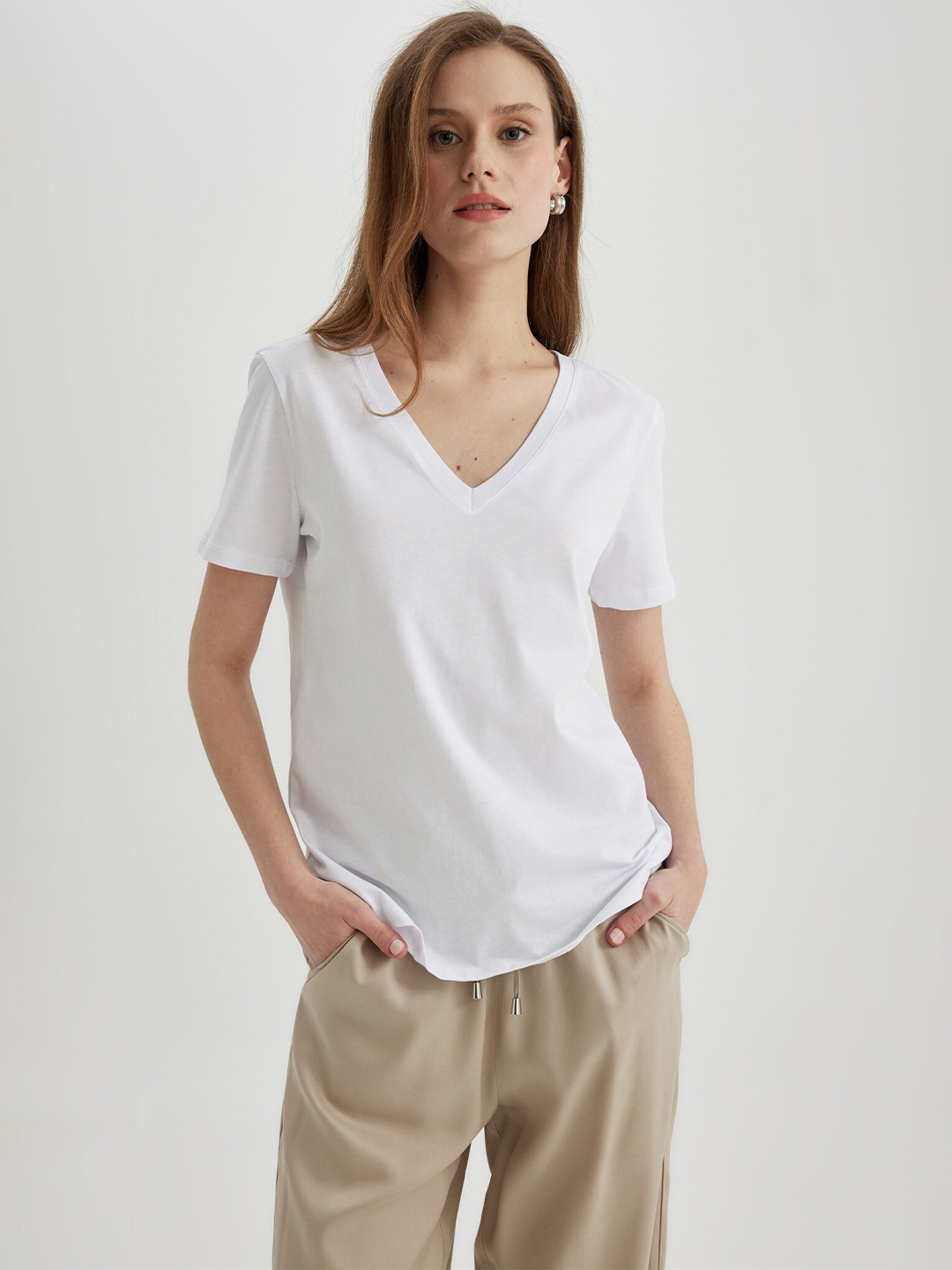 

DeFacto V-Neck Short Sleeves Cotton T-shirt, White