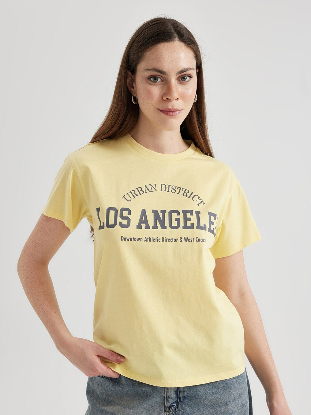 

DeFacto Typography Printed Pure Cotton T-shirt, Yellow
