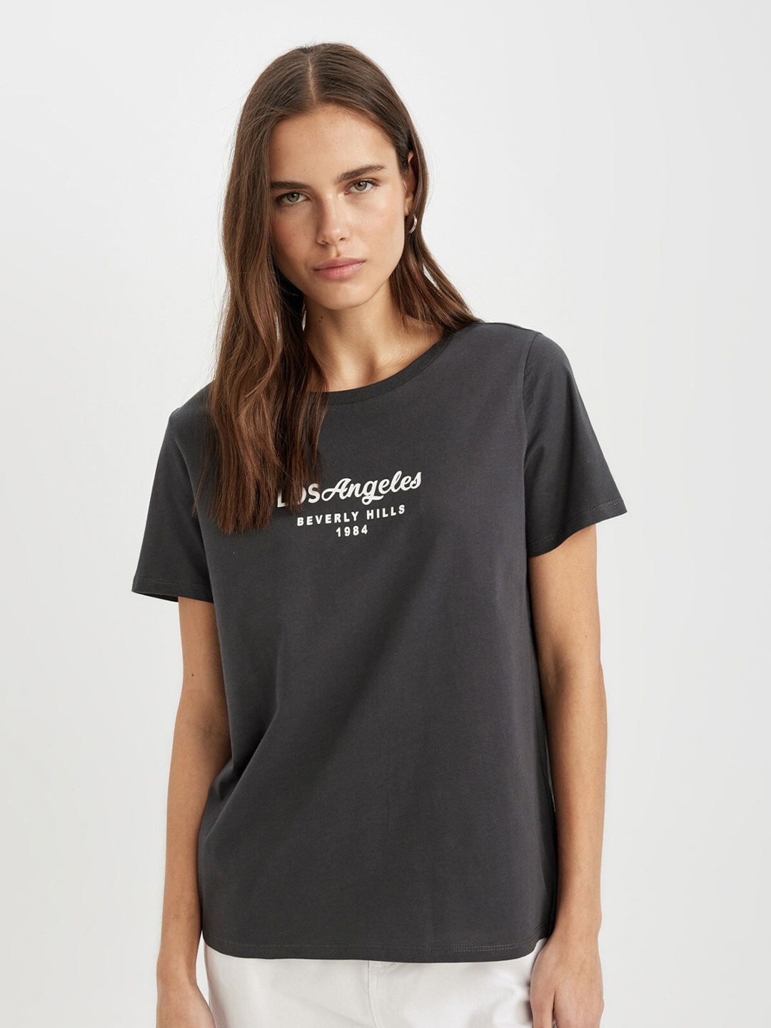

DeFacto Typography Round Neck Short Sleeves Cotton T-shirt, Grey