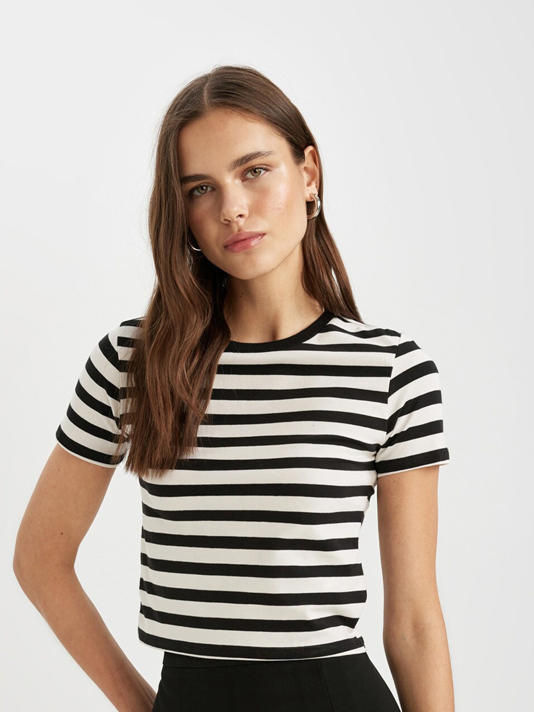 DeFacto Striped Round Neck T-shirt, White