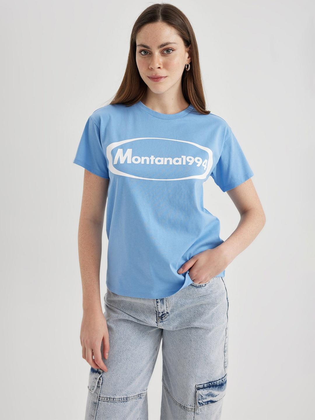 

DeFacto Typography Printed Pure Cotton T-shirt, Blue