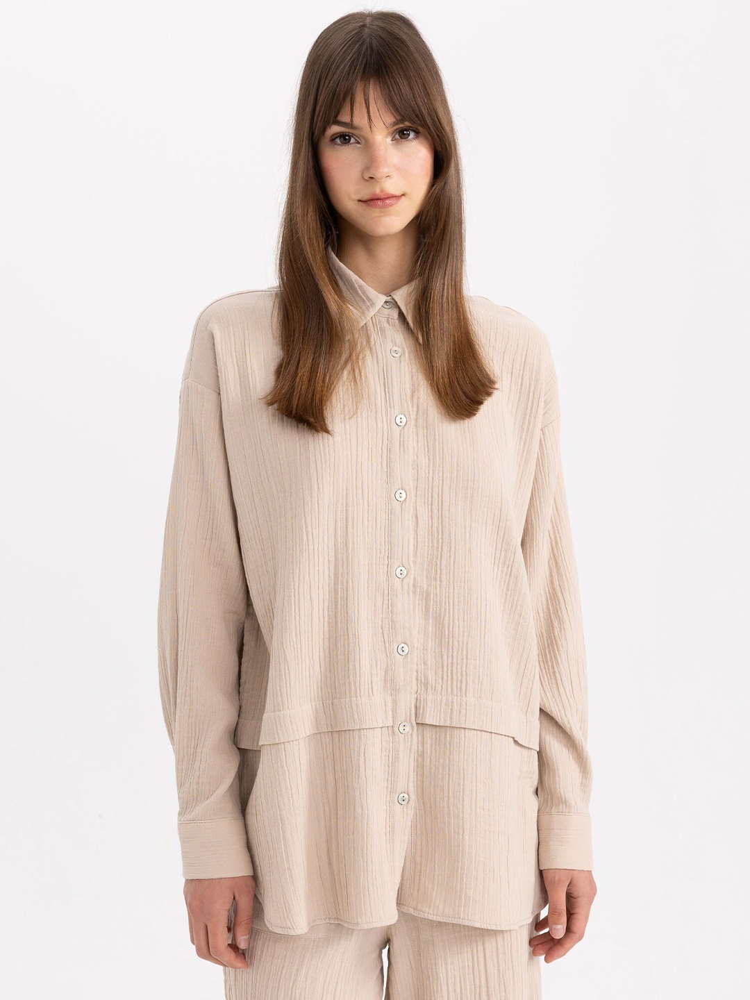 DeFacto Spread Collar Long Sleeves Shirt, Beige