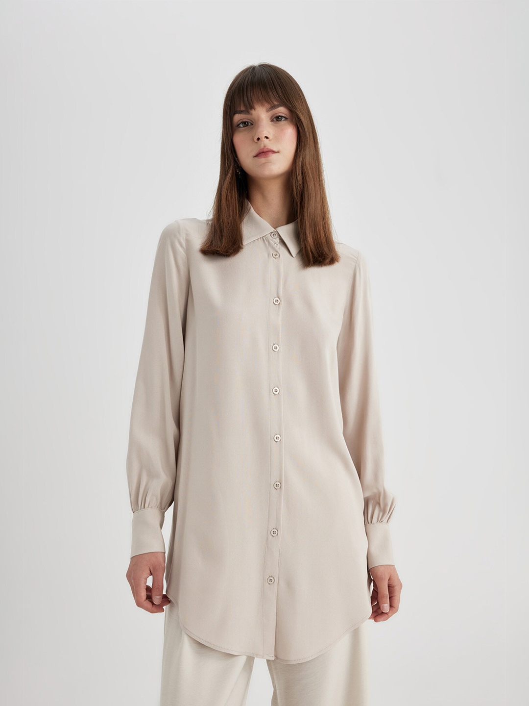 DeFacto Spread Collar Long Sleeves Shirt, Beige
