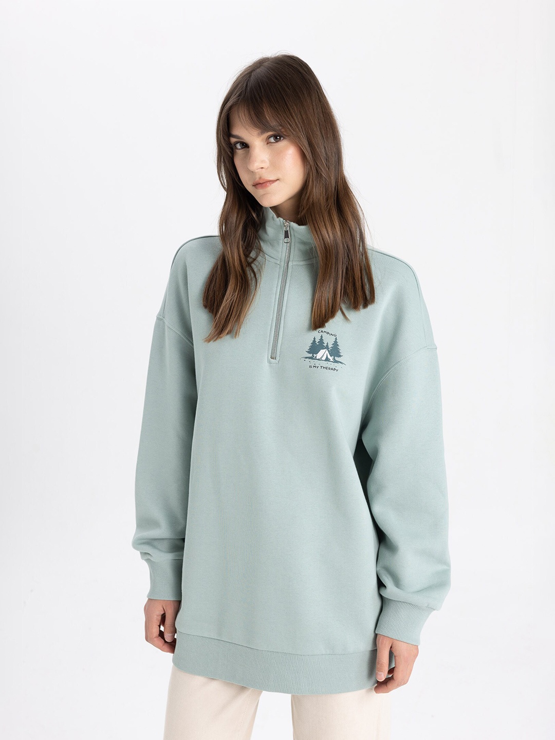 

DeFacto Mock Collar Long Sleeves Drop-Shoulder Sleeves Longline Sweatshirt, Green