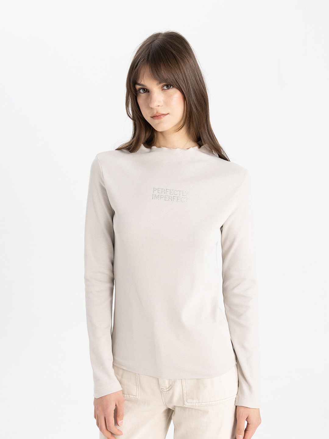 

DeFacto Round Neck Long Sleeves Top, Beige