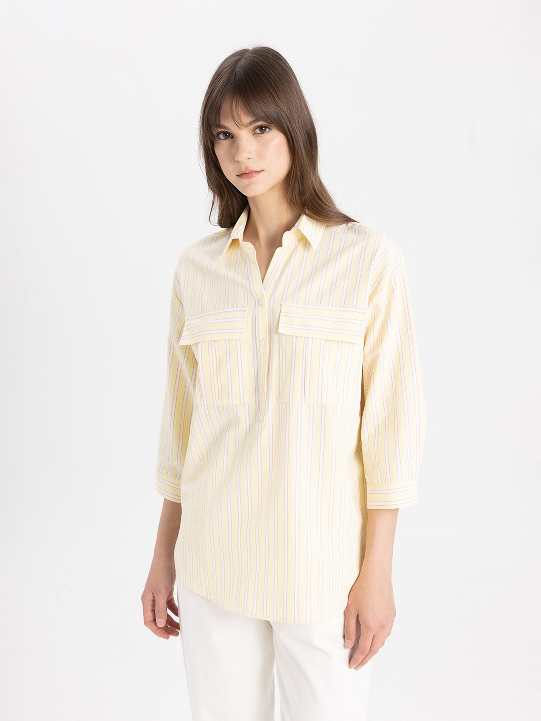 DeFacto Striped Spread Collar Shirt, Cream