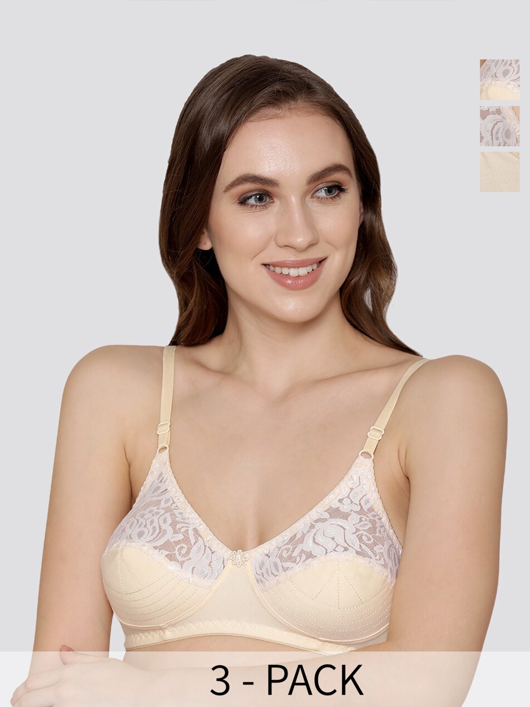 

Kalyani Deepali Pack of 3 Non Padded Everyday Lace Bra SKN-SKN-SKN, Beige