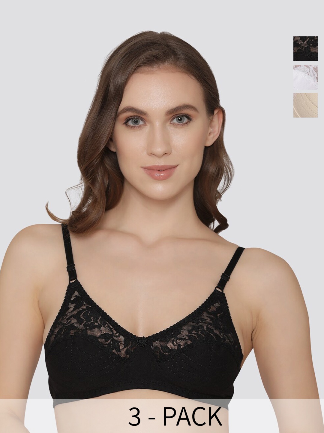 

Kalyani Deepali Pack of 3 Non Padded Everyday Lace Bra BLK-SKN-WHT, Black