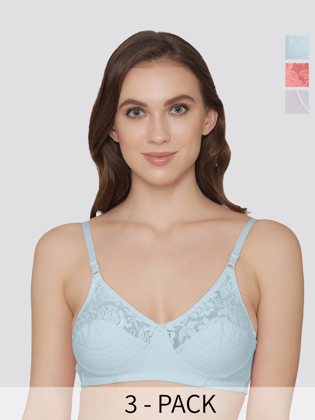 

Kalyani Deepali Pack of 3 Non Padded Everyday Lace Bra SB-WHT-RSE, Blue