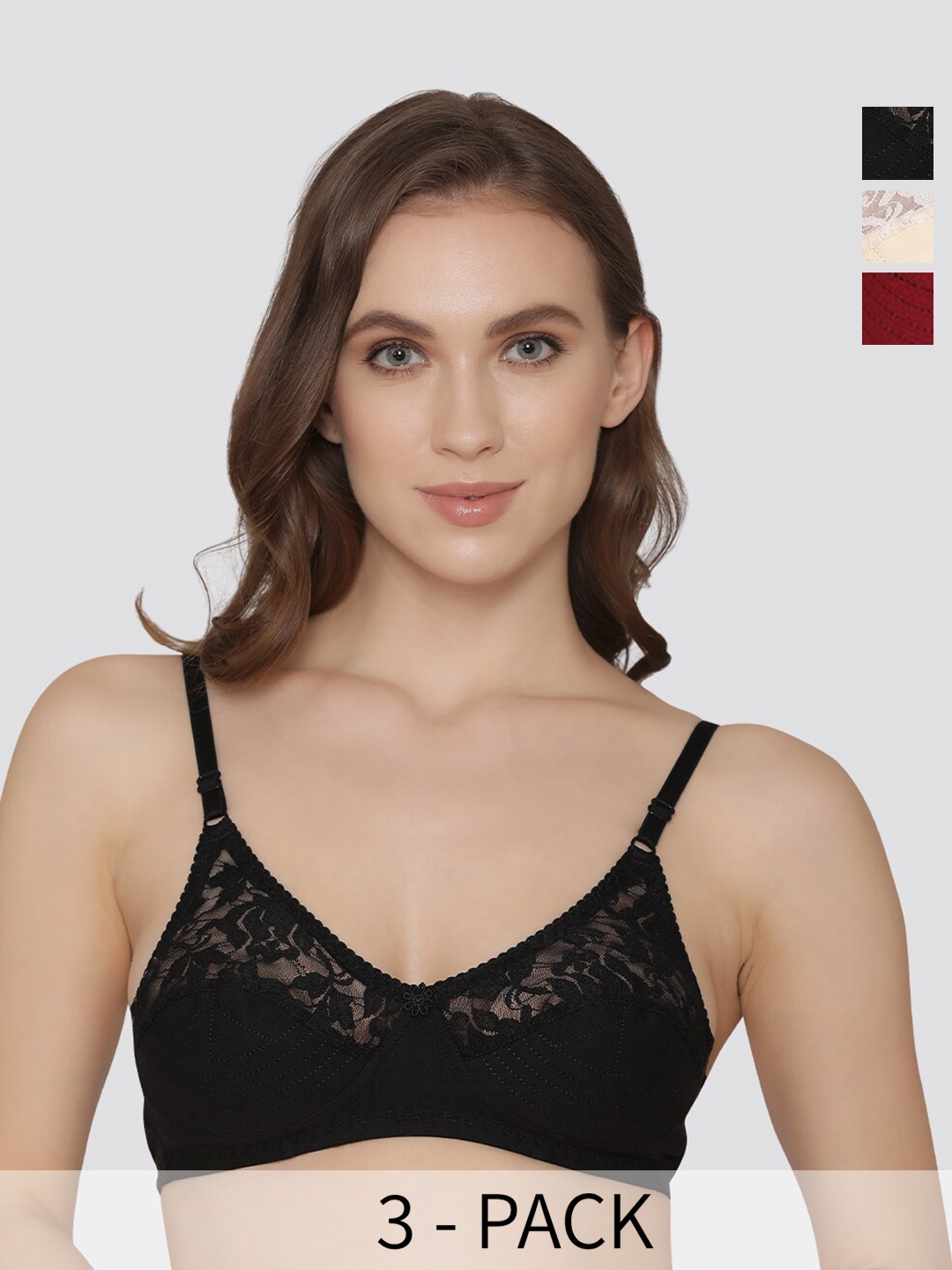

Kalyani Deepali Pack of 3 Non Padded Everyday Lace Bra BLK-MRN-SKN, Black
