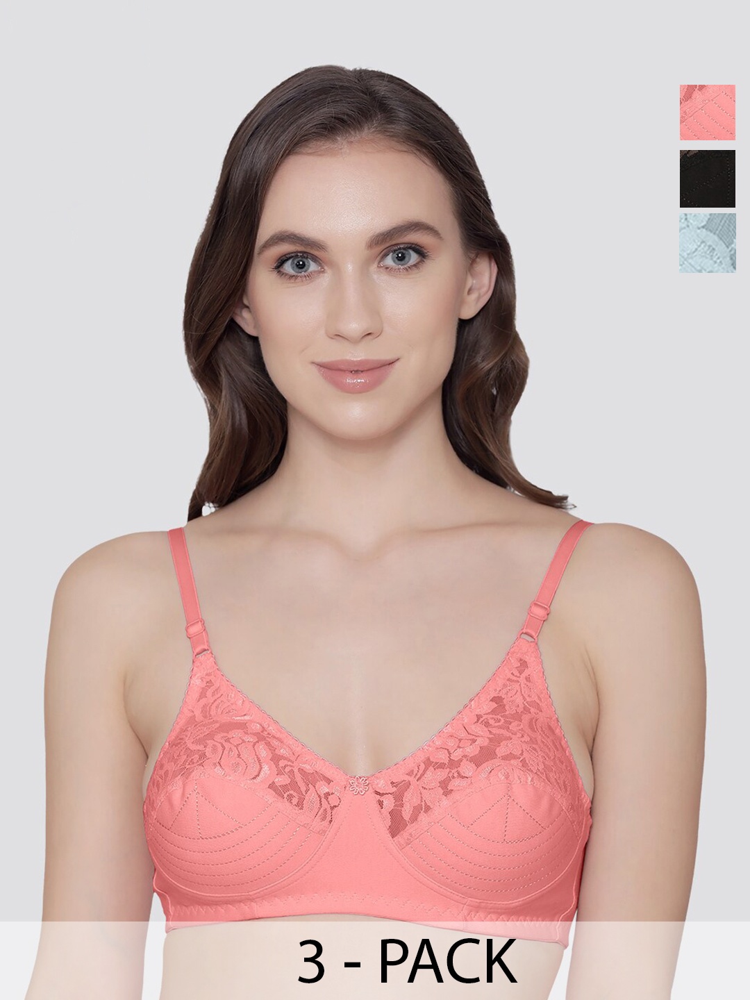 

Kalyani Deepali Pack of 3 Non Padded Everyday Lace Bra RSE-BLK-SB, Rose