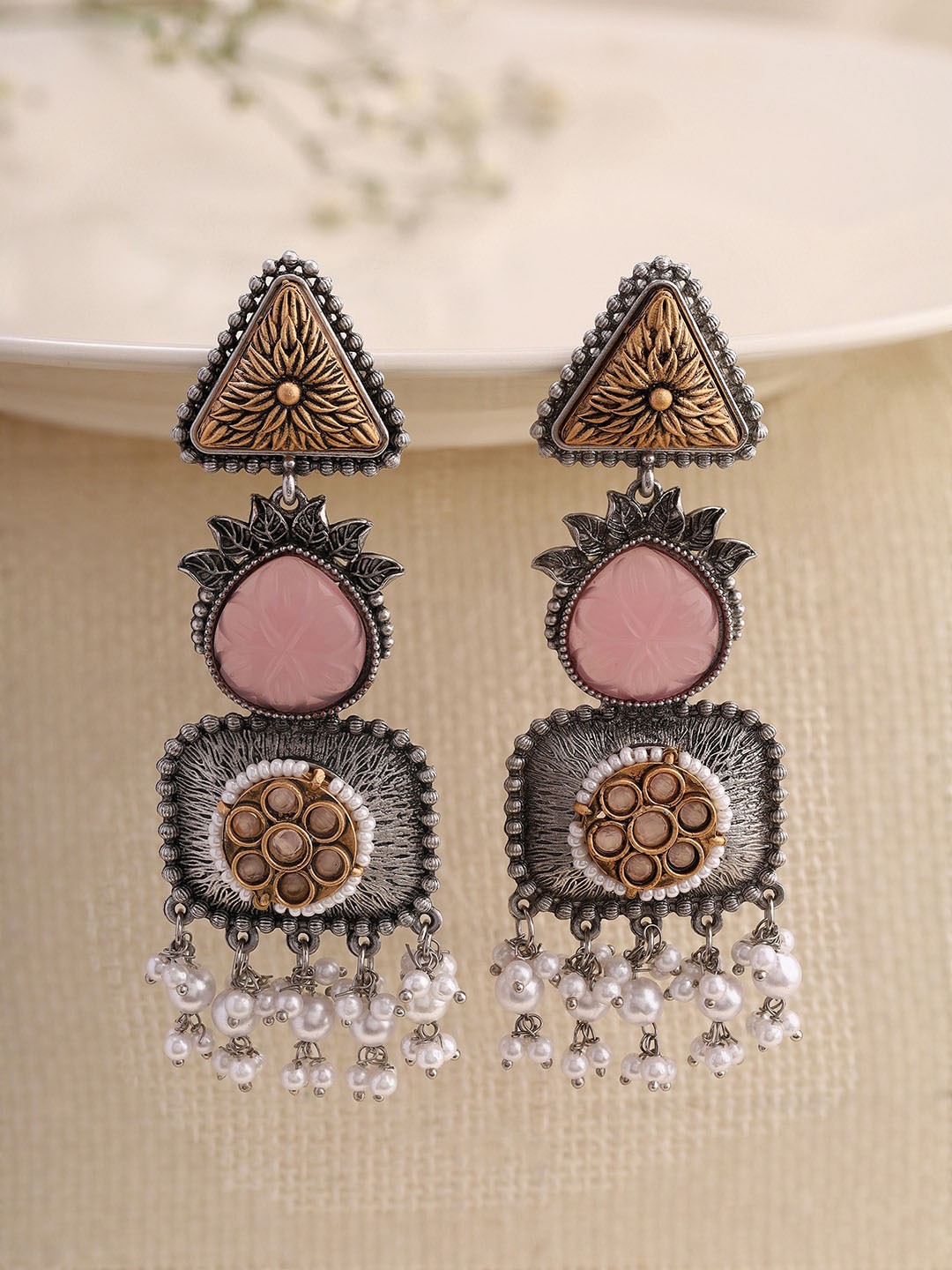 

Priyaasi Silver-Plated Stone Studded Brass Contemporary Oxidised Drop Earrings