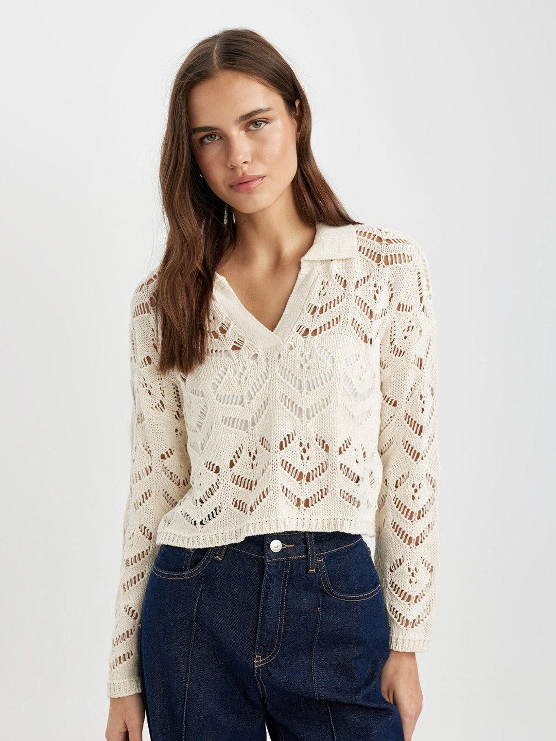 

DeFacto Open Knit Self Design V-Neck Crop Pullover Sweater, Beige