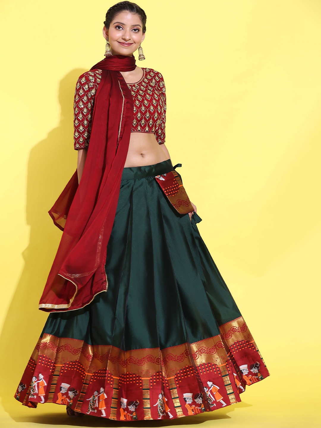 

Fabcartz Embroidered Semi-Stitched Lehenga & Unstitched Blouse With Dupatta, Green