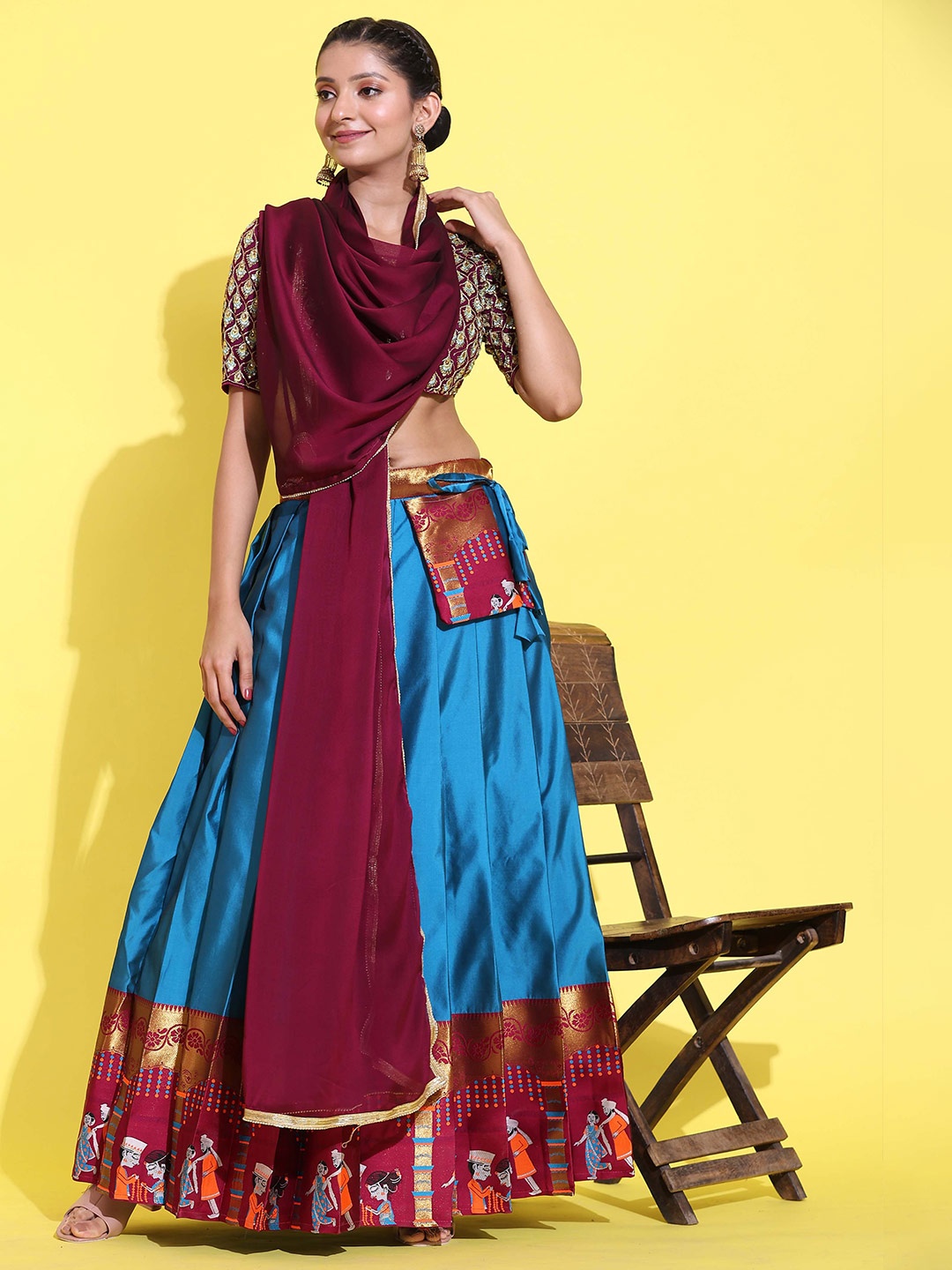 

Fabcartz Embroidered Semi-Stitched Lehenga & Unstitched Blouse With Dupatta, Turquoise blue