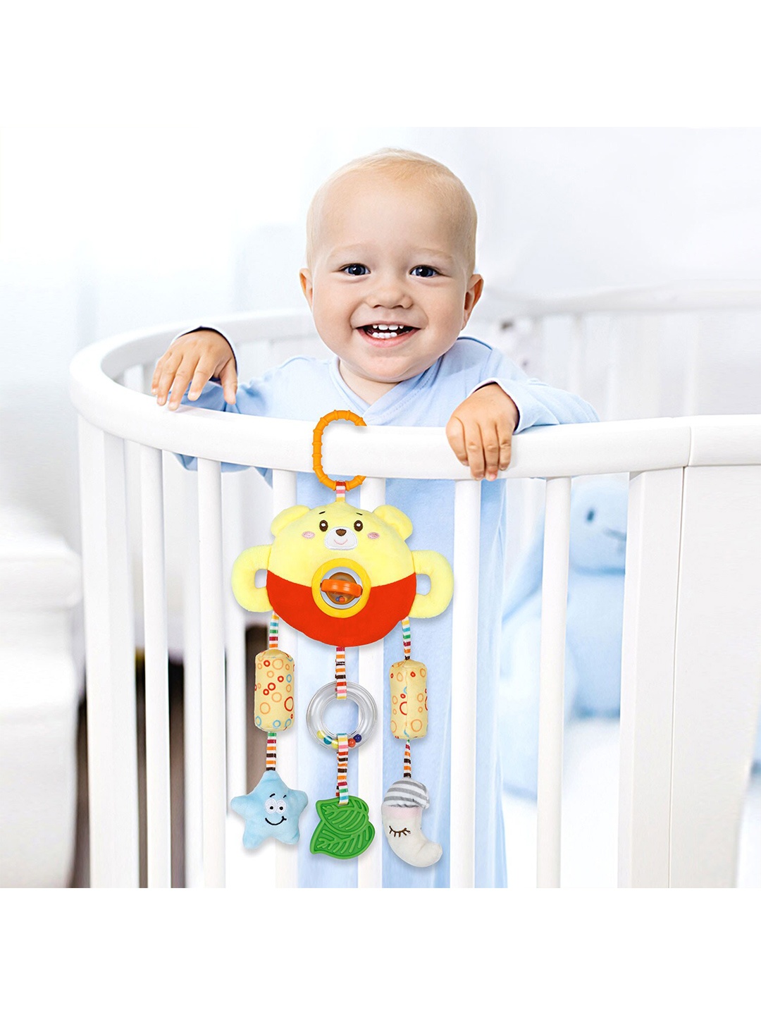 

Baby Moo Moon Wind Chime With Squeaker Hanging Toy With Teether, Yellow