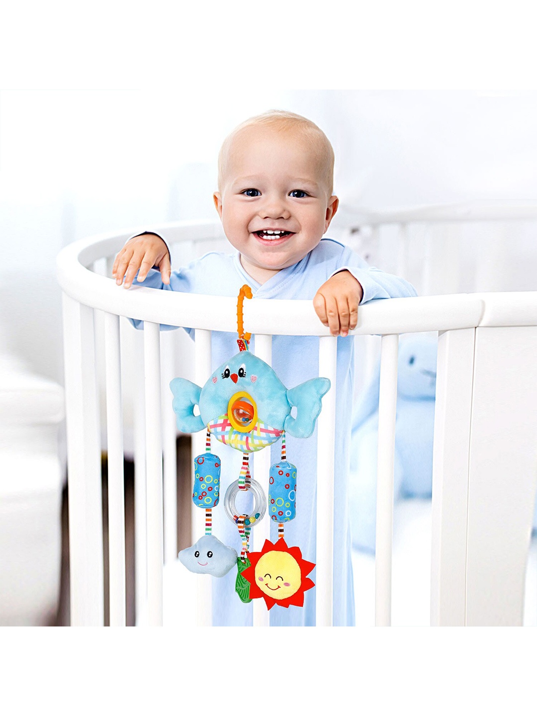 

Baby Moo Infants Sunny And Cloudy Wind Chime With Squeaker Hanging Toy With Teether Blue