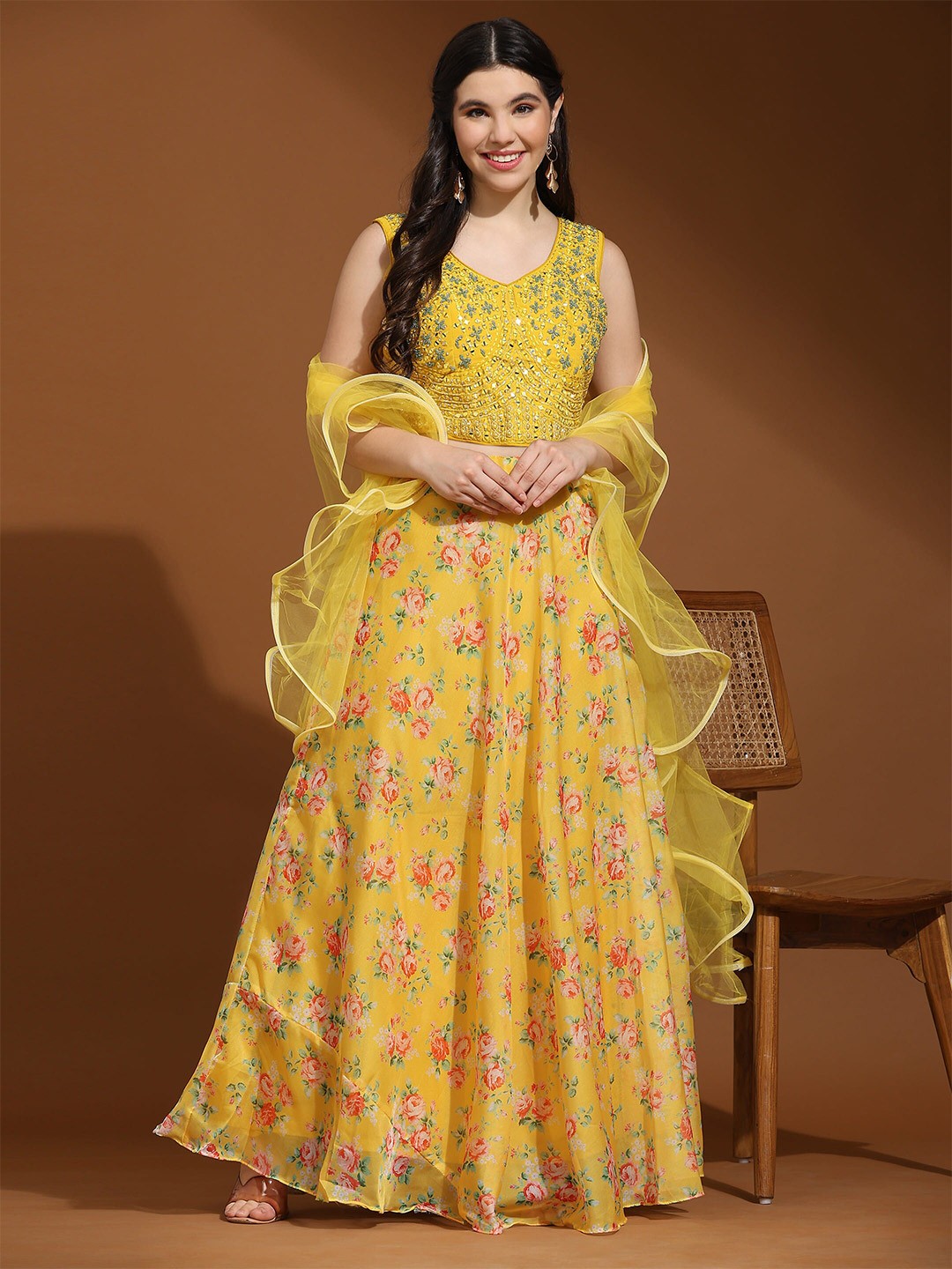 

AMOHA TRENDZ Embroidered Beads and Stones Ready to Wear Lehenga & Blouse With Dupatta, Yellow