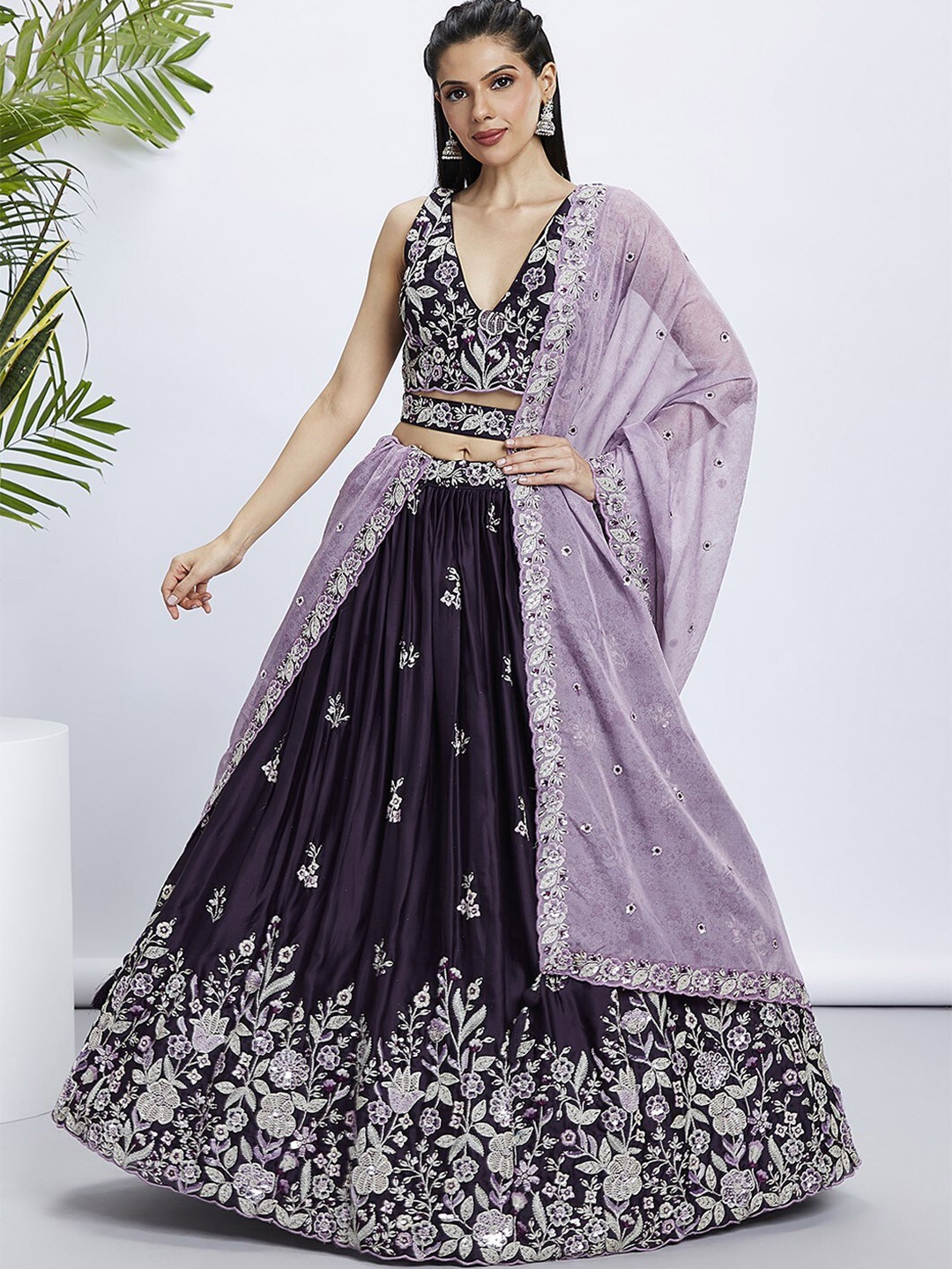 

panchhi Embroidered Sequinned Semi-Stitched Lehenga & Unstitched Blouse With Dupatta, Purple