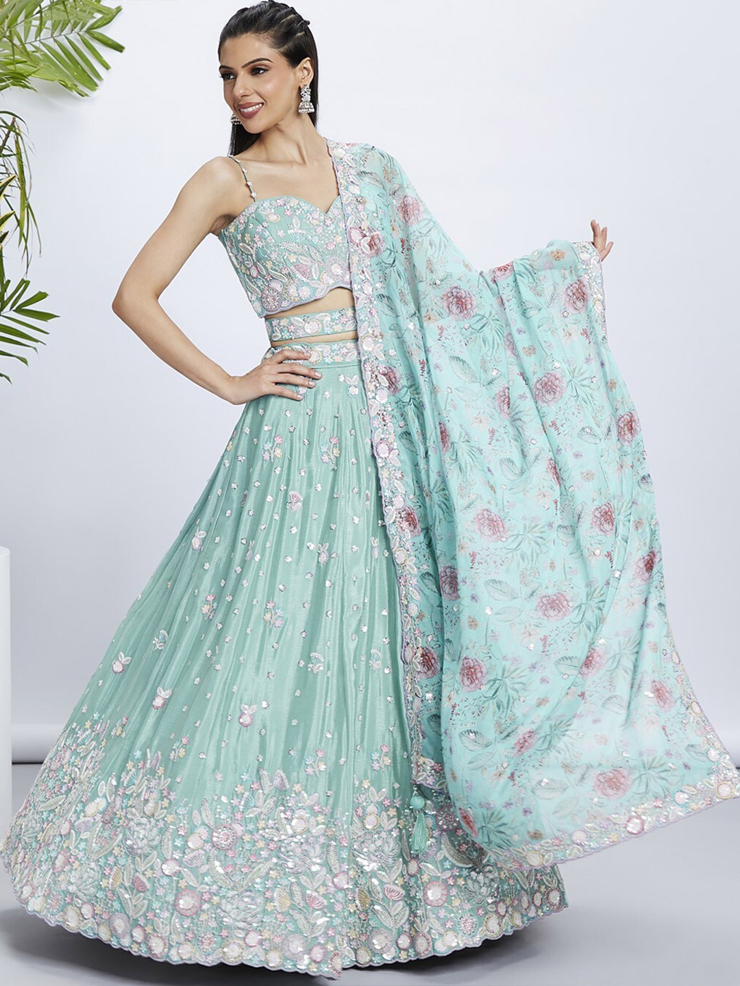 

panchhi Embroidered Sequinned Semi-Stitched Lehenga & Unstitched Blouse With Dupatta, Sea green