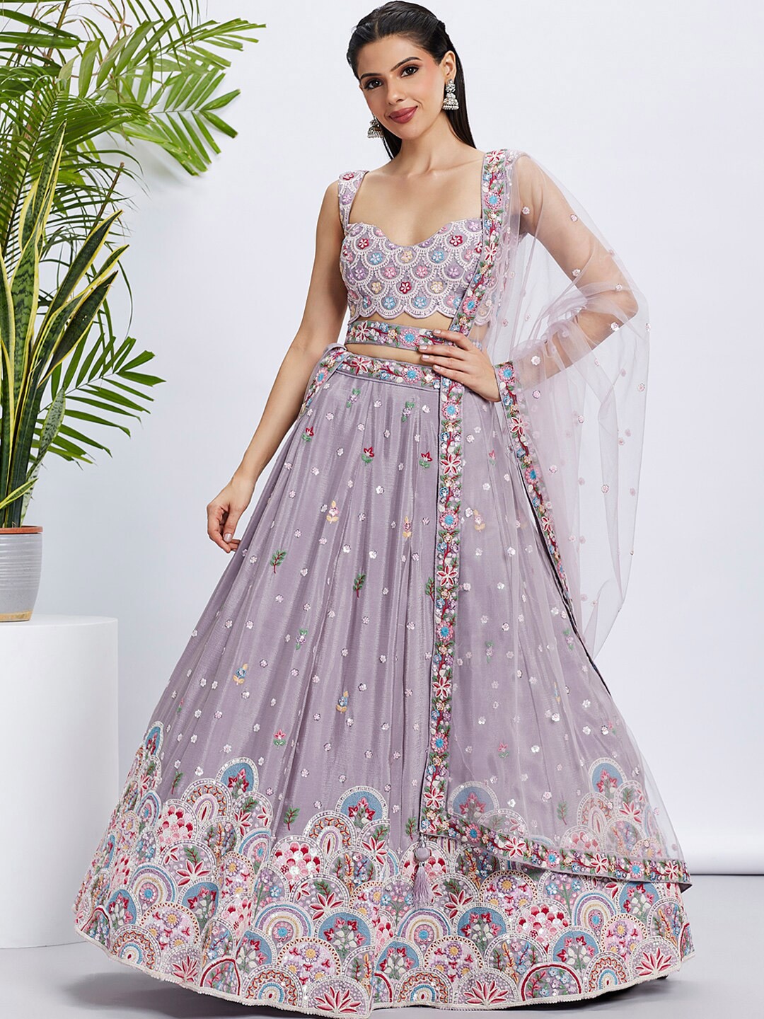 

panchhi Embroidered Sequinned Semi-Stitched Lehenga & Unstitched Blouse With Dupatta, Mauve