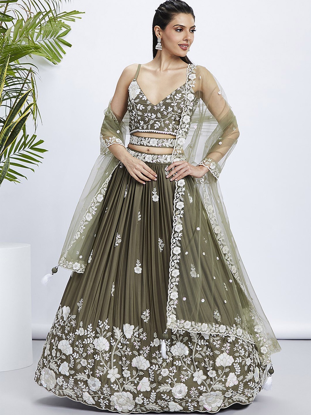 

panchhi Embroidered Sequinned Semi-Stitched Lehenga & Unstitched Blouse With Dupatta, Olive