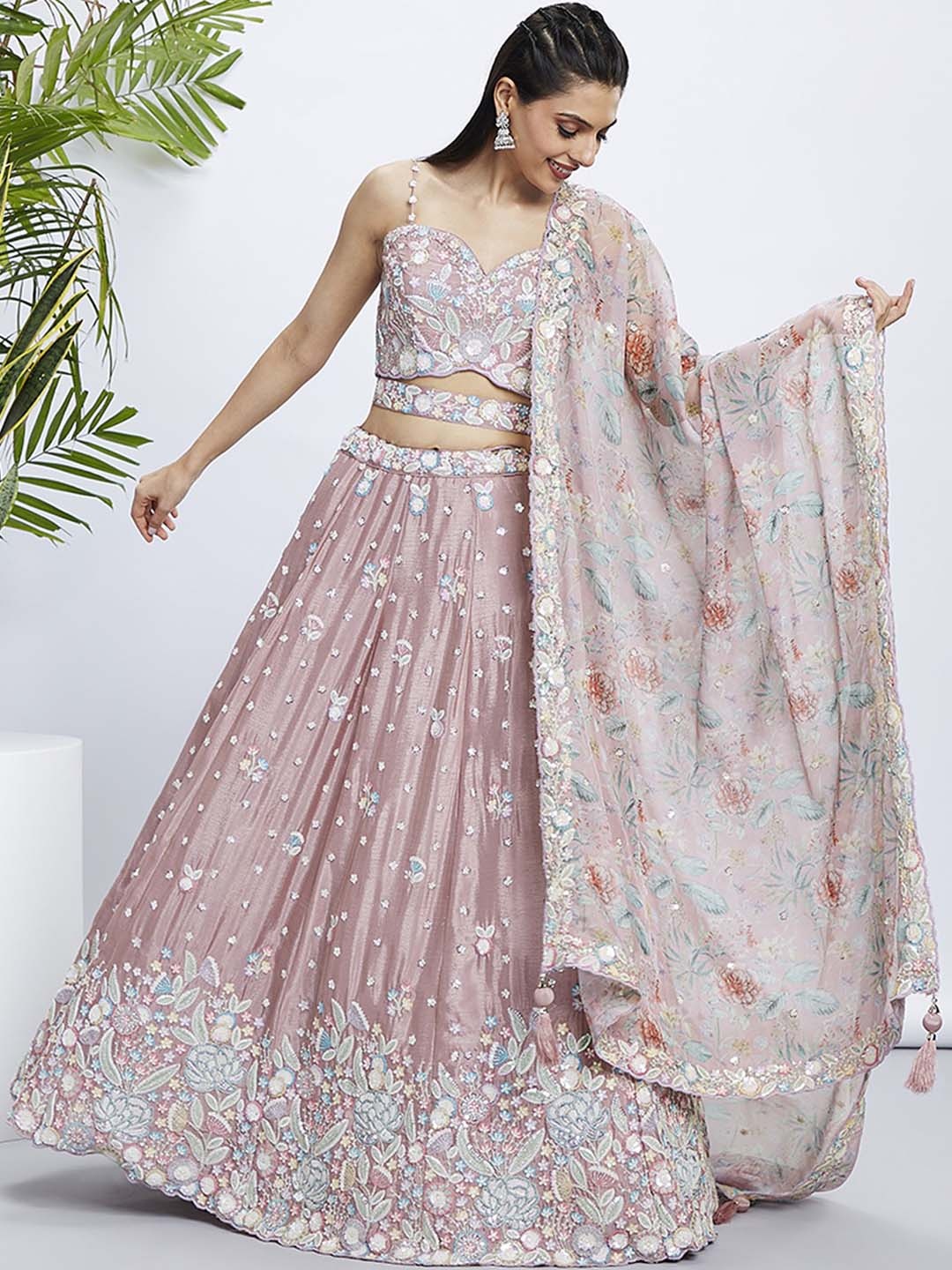 

panchhi Embroidered Sequinned Semi-Stitched Lehenga & Unstitched Blouse With Dupatta, Rose gold