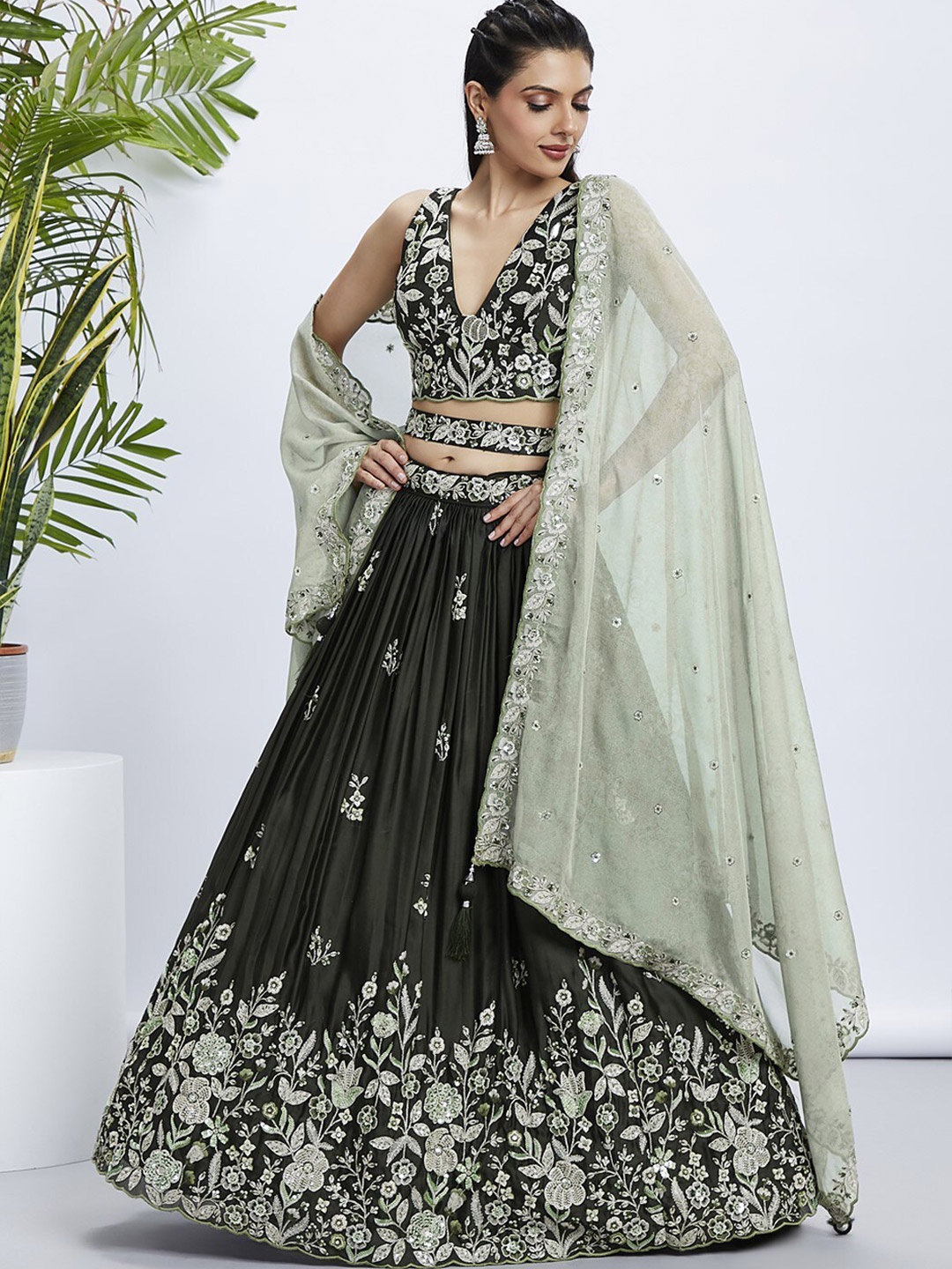 

panchhi Embroidered Sequinned Semi-Stitched Lehenga & Unstitched Blouse With Dupatta, Olive