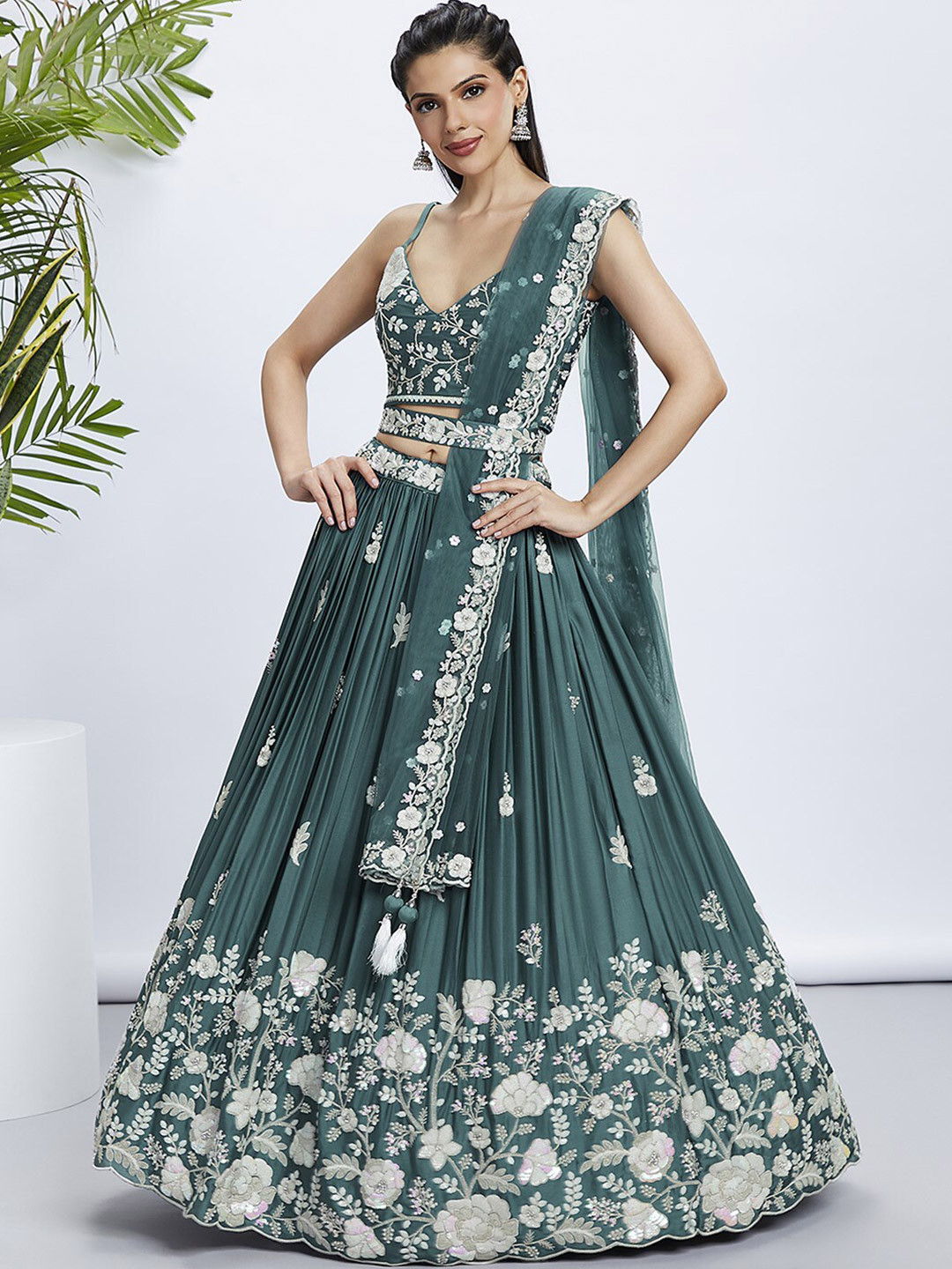 

panchhi Embroidered Sequinned Semi-Stitched Lehenga & Unstitched Blouse With Dupatta, Turquoise blue