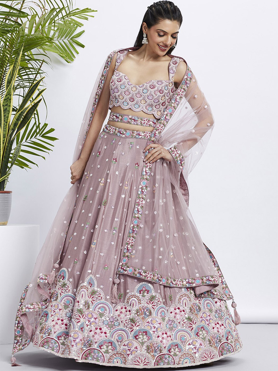 

panchhi Embroidered Sequinned Semi-Stitched Lehenga & Unstitched Blouse With Dupatta, Rose gold