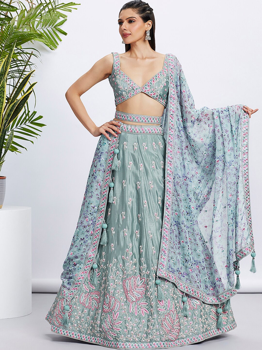 

panchhi Embroidered Sequinned Semi-Stitched Lehenga & Unstitched Blouse With Dupatta, Lime green