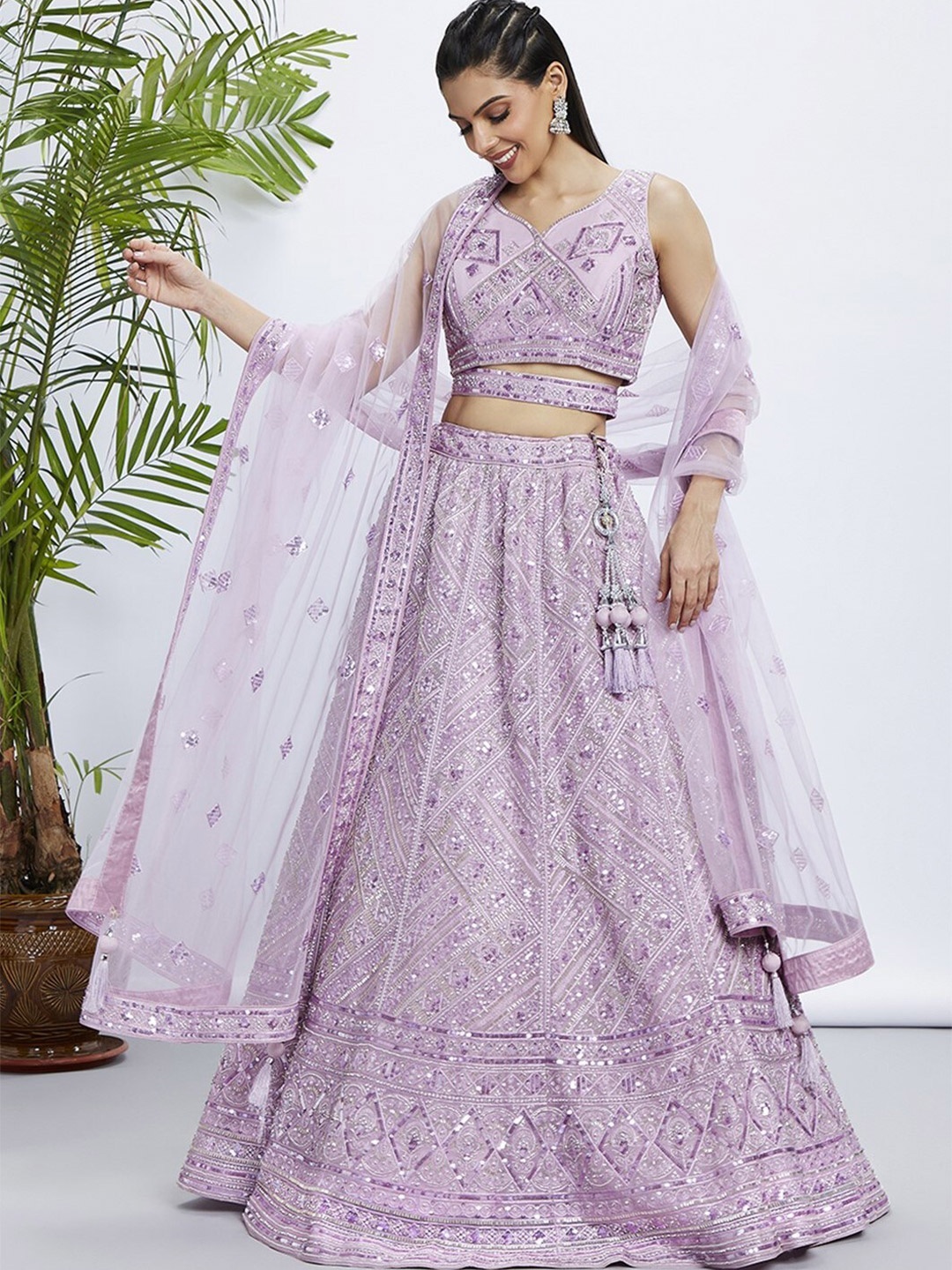 

panchhi Embroidered Beads and Stones Semi-Stitched Lehenga & Unstitched Blouse With Dupatta, Lavender