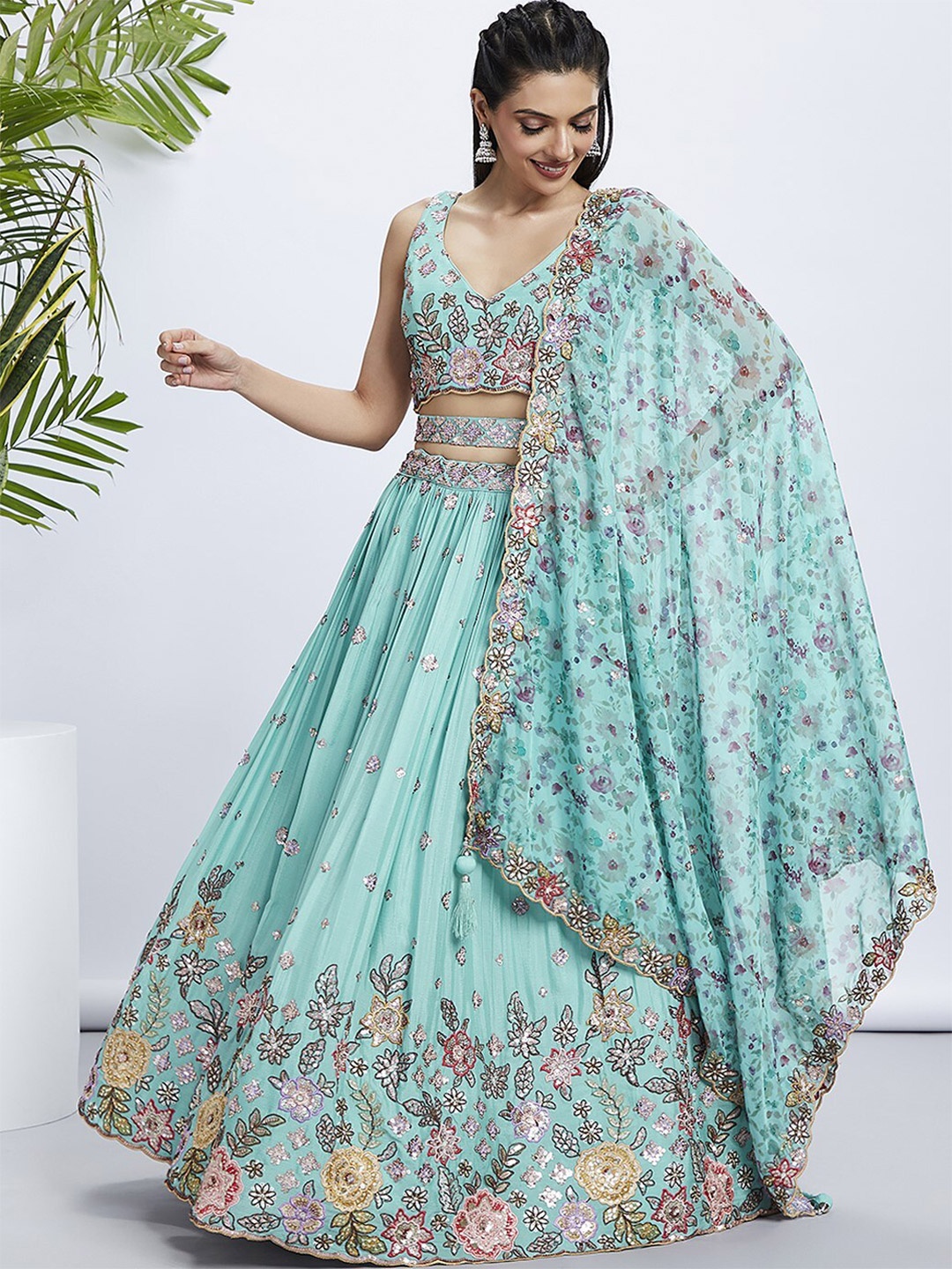 

panchhi Embroidered Sequinned Semi-Stitched Lehenga & Unstitched Blouse With Dupatta, Turquoise blue