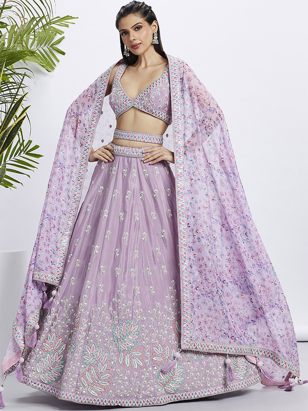 

panchhi Embroidered Sequinned Semi-Stitched Lehenga & Unstitched Blouse With Dupatta, Lavender