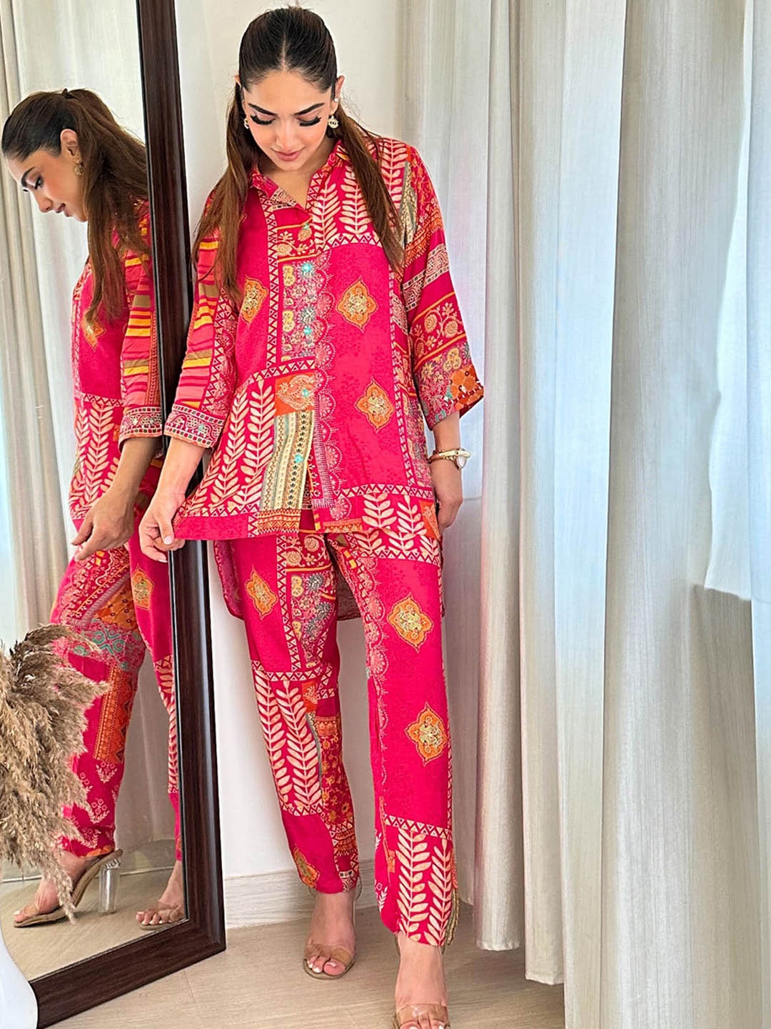 NoLabels Ethnic Motifs Printed Shirt Collar Top With Trousers, Pink