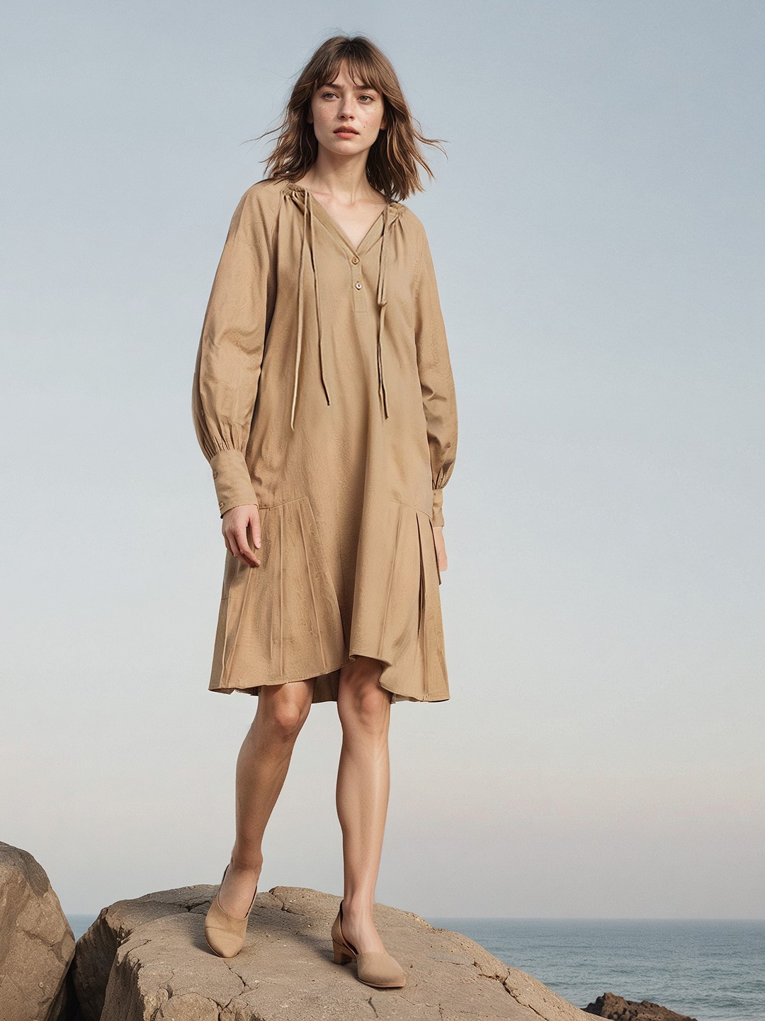 

H&M Tie-Up Neck Bishop Sleeves A-Line Dress, Beige