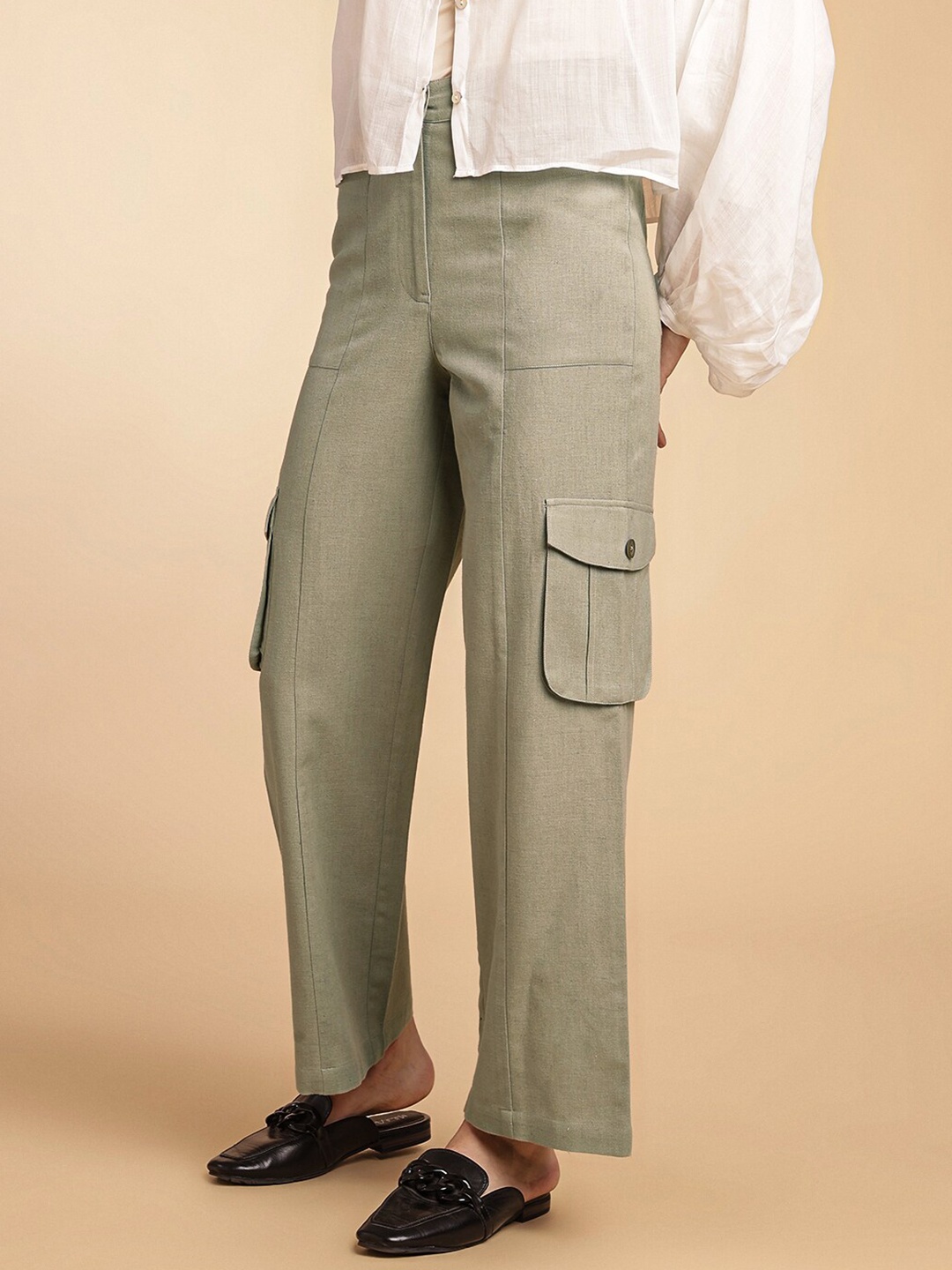 

H&M Women Linen Blend Cargo Trousers, Olive