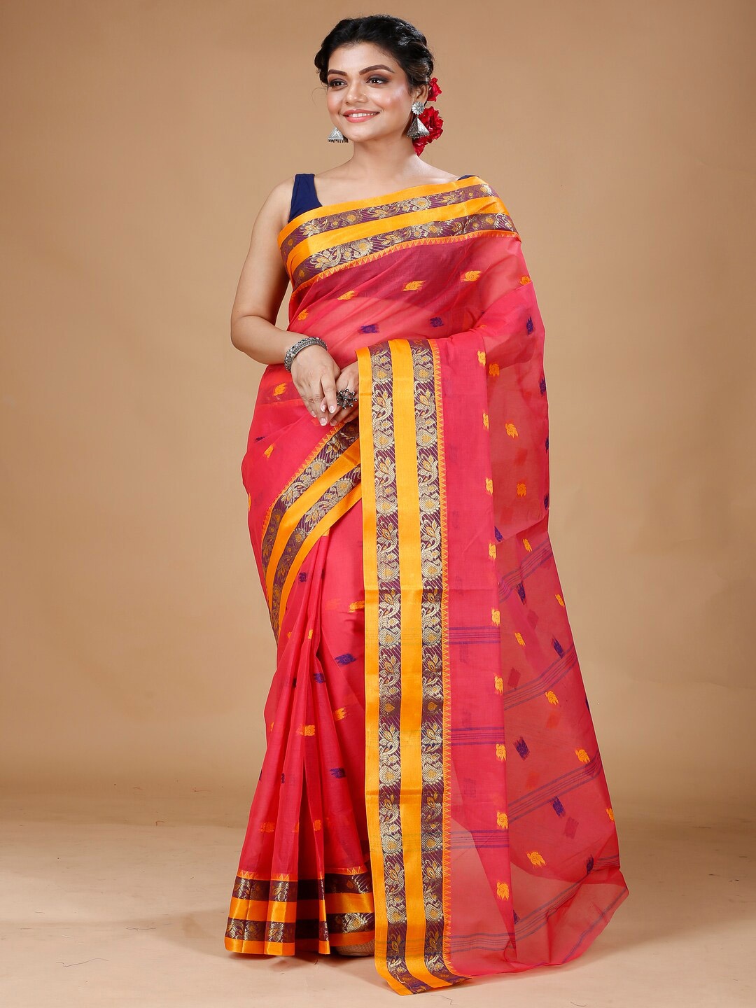 

Bong ButiQ Ethnic Motifs Woven Design Zari Pure Cotton Taant Saree, Pink