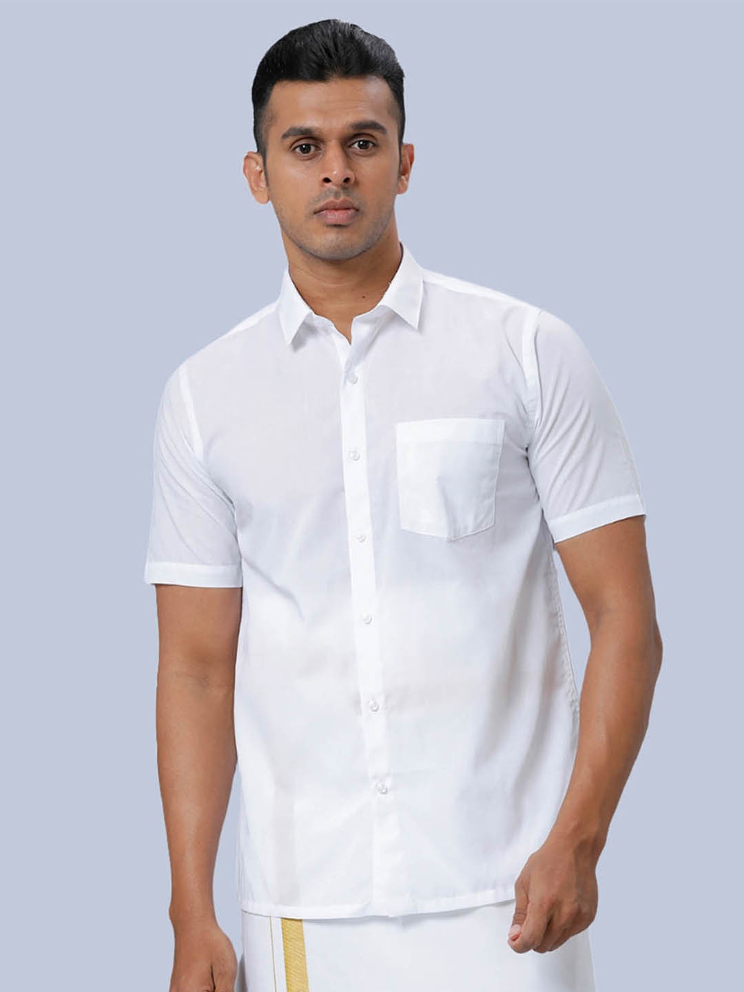 

Ramraj Short Sleeves Shirt With Golden Zari Dhoti, White