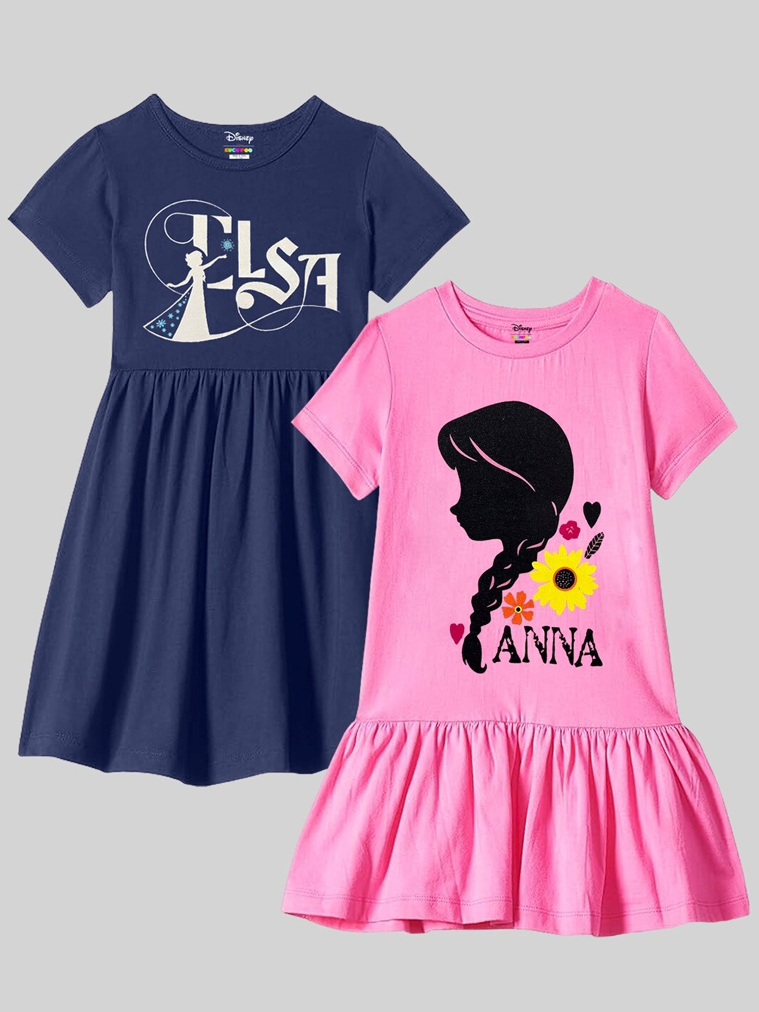 

KUCHIPOO Pack of 2 Graphic Print Cotton Fit & Flare Dress, Pink
